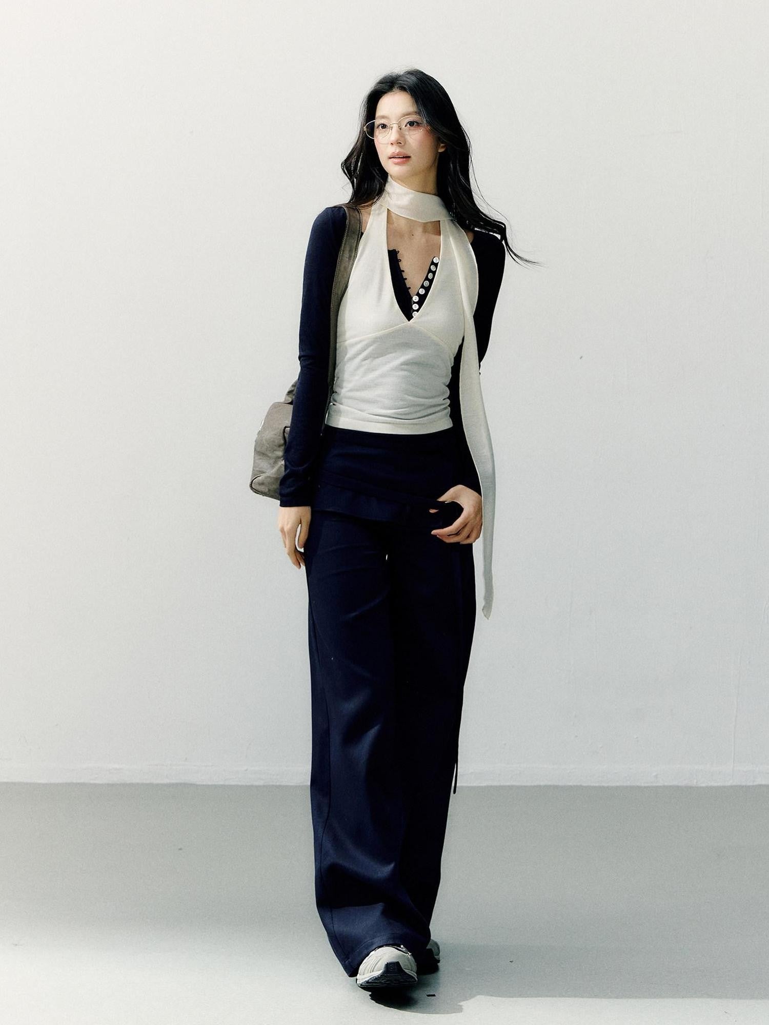 7Shiftin Navy Folded Waist Low Rise Drapey Women&