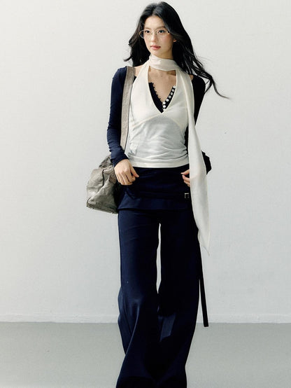 7Shiftin Navy Folded Waist Low Rise Drapey Women&