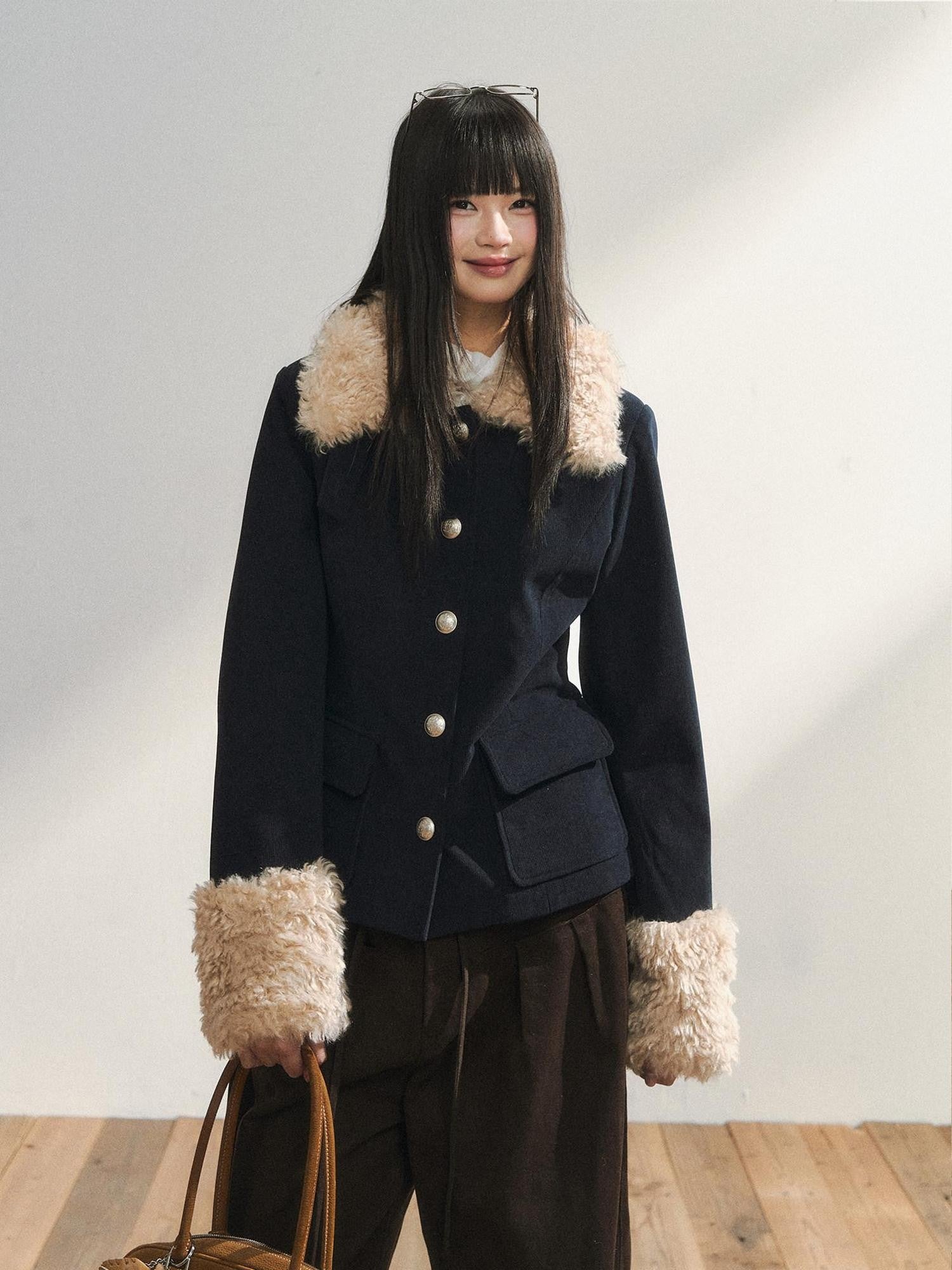 7Shiftin Navy Fur Panel Lapel Slim Fit Women&