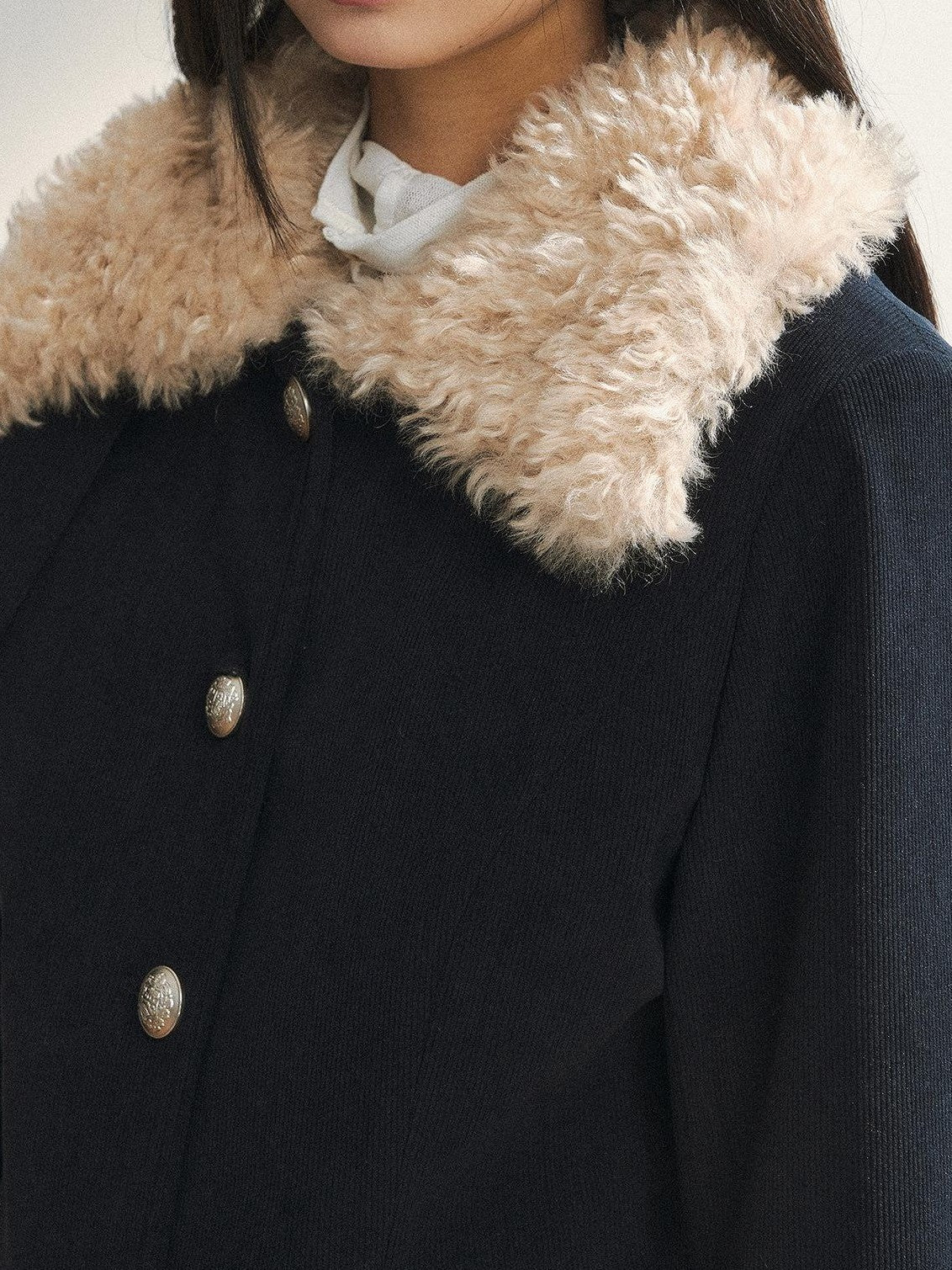 7Shiftin Navy Fur Panel Lapel Slim Fit Women&