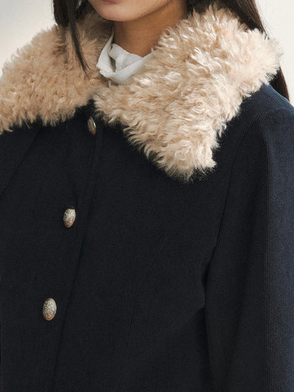 7Shiftin Navy Fur Panel Lapel Slim Fit Women&