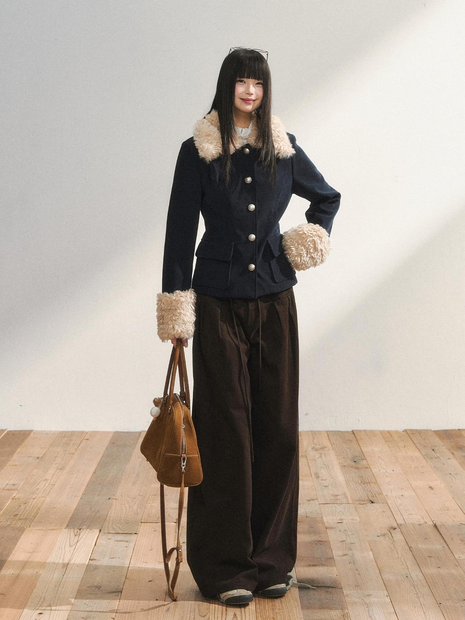 7Shiftin Navy Fur Panel Lapel Slim Fit Women&
