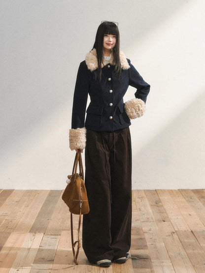 7Shiftin Navy Fur Panel Lapel Slim Fit Women&