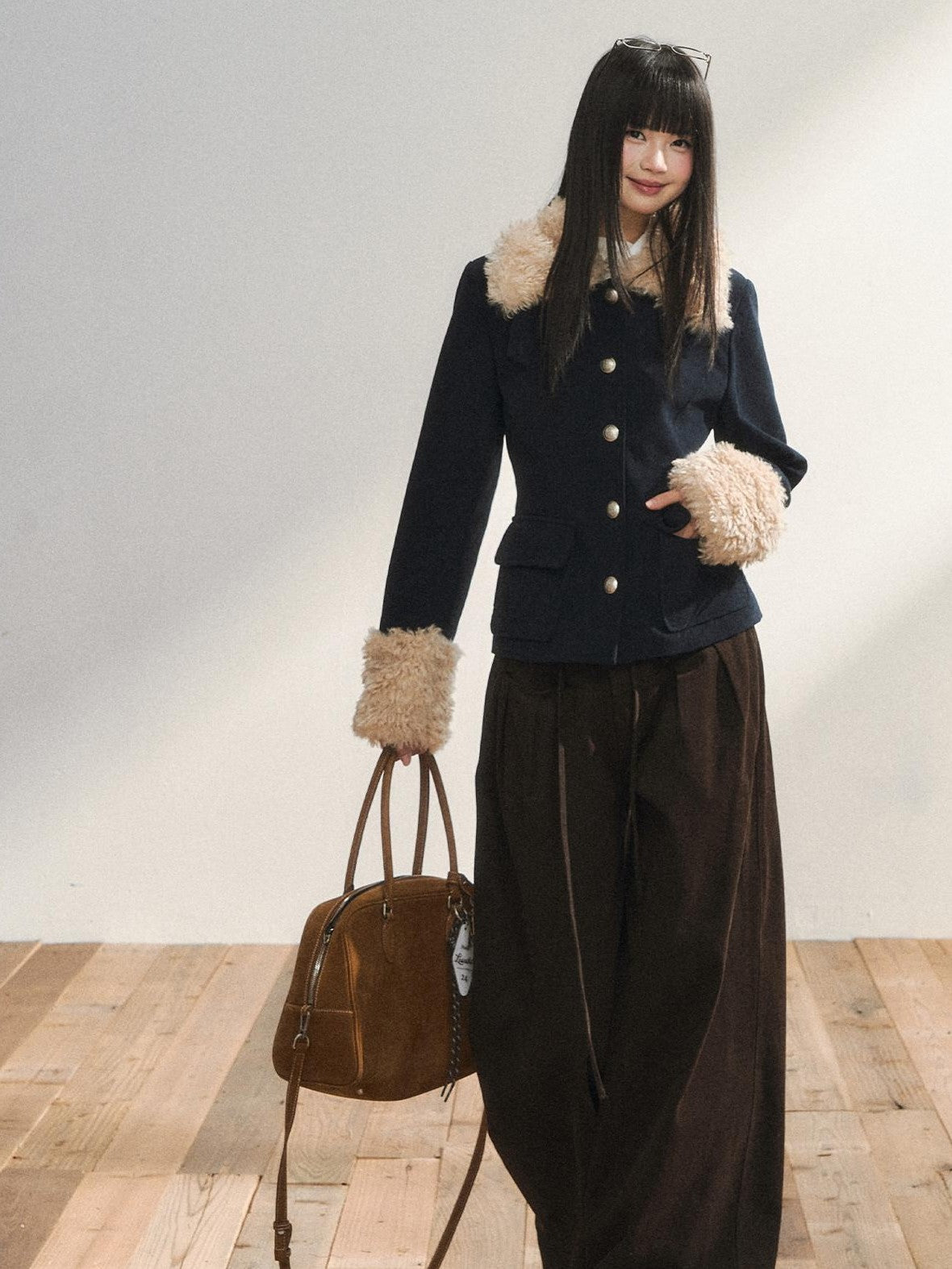 7Shiftin Navy Fur Panel Lapel Slim Fit Women&