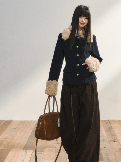 7Shiftin Navy Fur Panel Lapel Slim Fit Women&