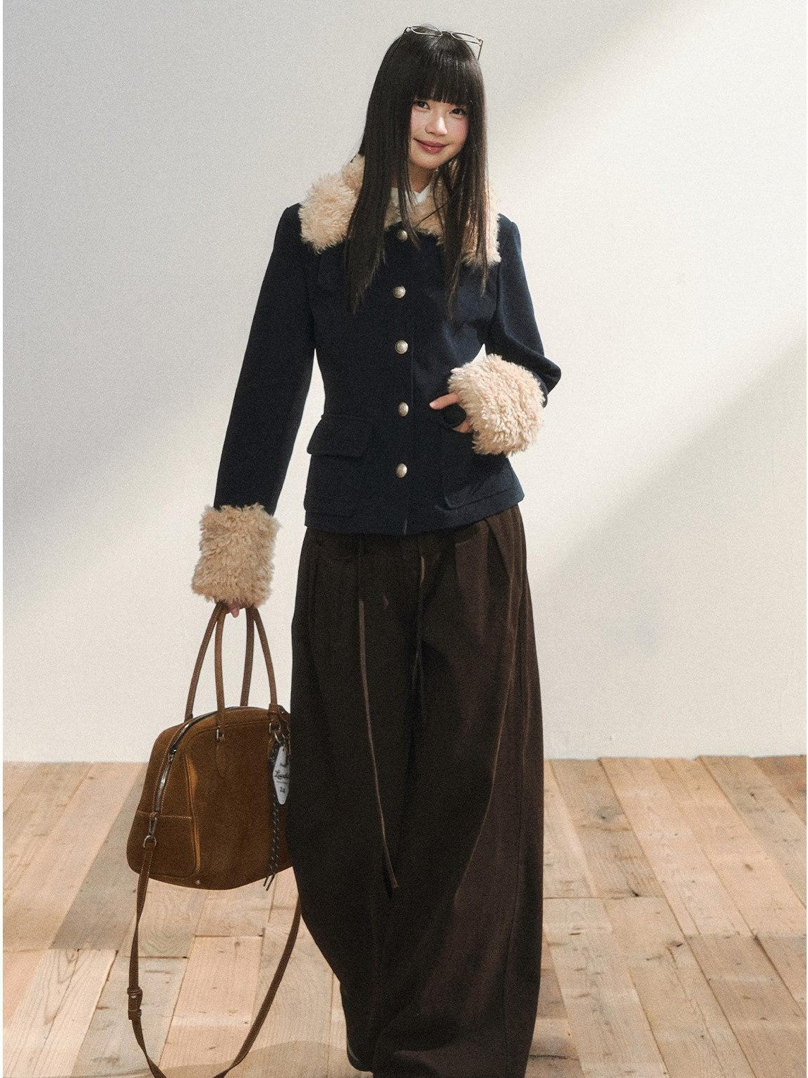 7Shiftin Navy Fur Panel Lapel Slim Fit Women&