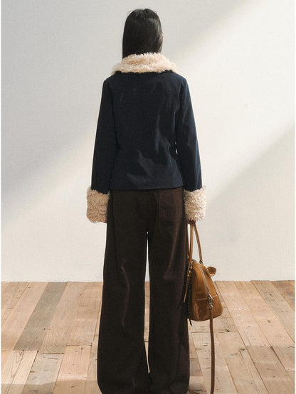 7Shiftin Navy Fur Panel Lapel Slim Fit Women&