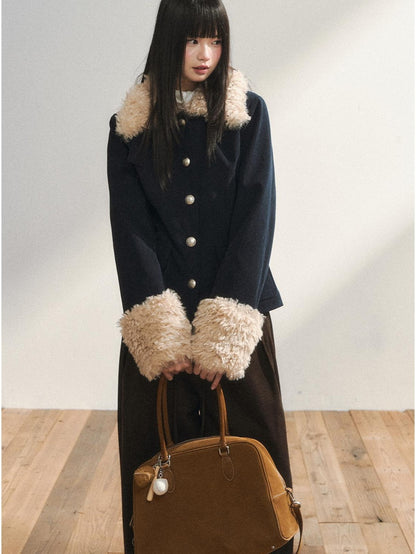 7Shiftin Navy Fur Panel Lapel Slim Fit Women&