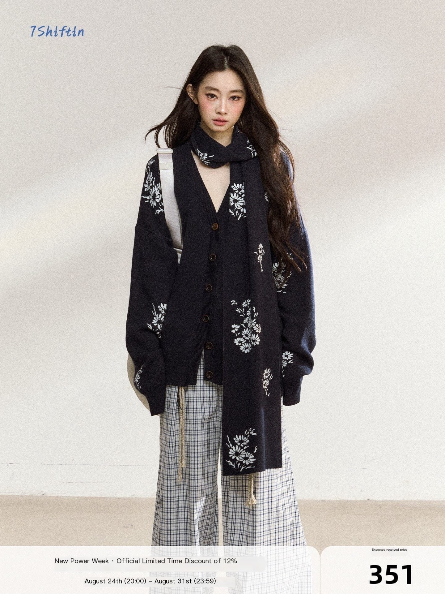 7Shiftin_Navy_Large_Floral_Jacquard_V-neck_Oversized_Women&
