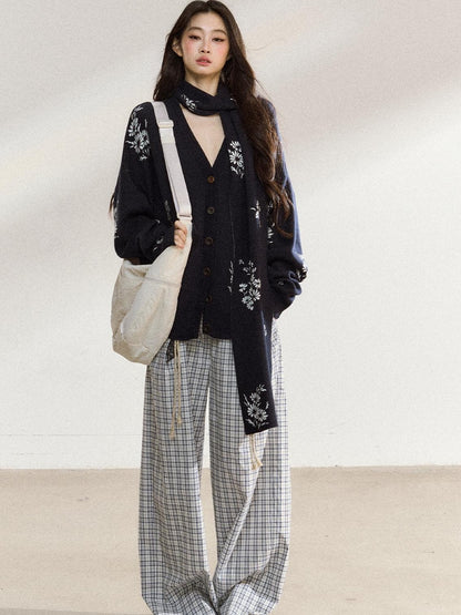 7Shiftin Navy Large Floral Jacquard V-neck Oversized Women&