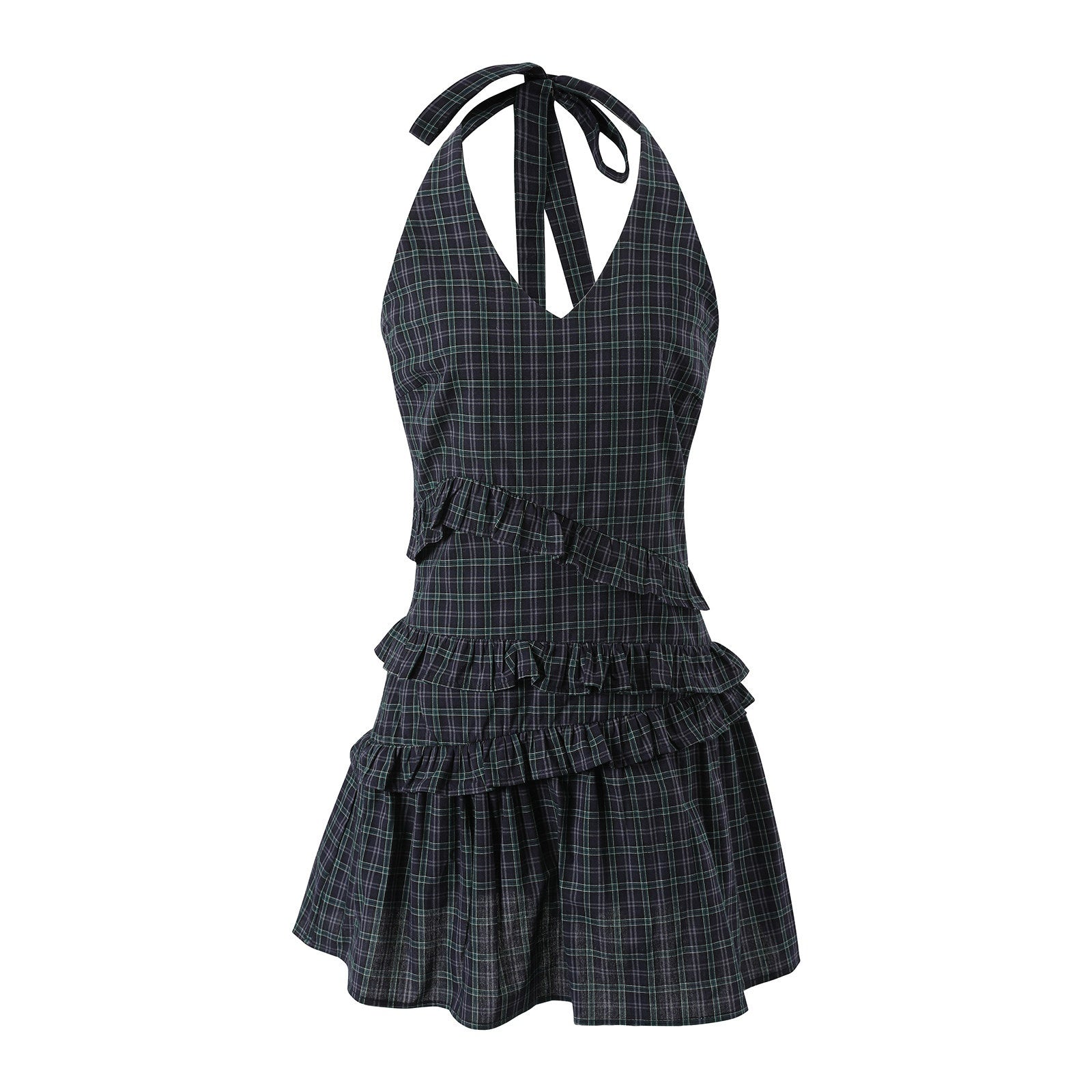 7Shiftin_Navy_Plaid_Pleated_Cinched_Waist_V-neck_Women&
