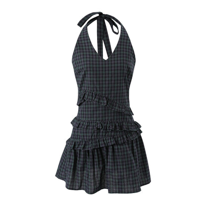 7Shiftin_Navy_Plaid_Pleated_Cinched_Waist_V-neck_Women&
