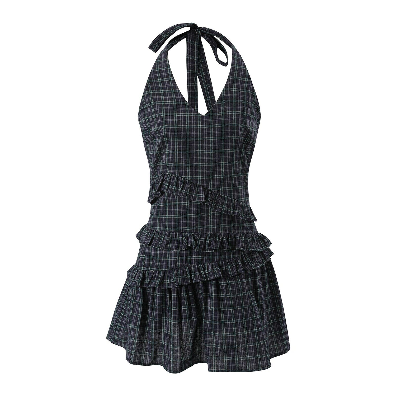 7Shiftin_Navy_Plaid_Pleated_Cinched_Waist_V-neck_Women&
