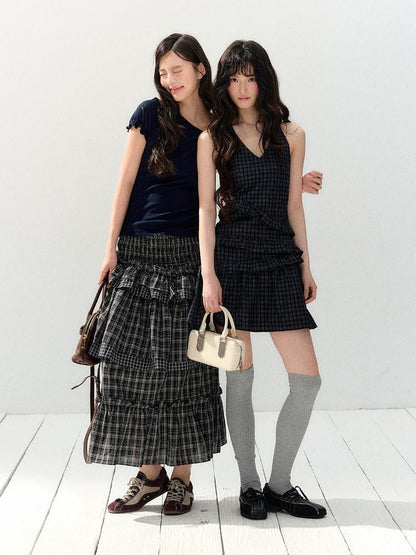 7Shiftin Navy Plaid Pleated Cinched Waist V-neck Women&