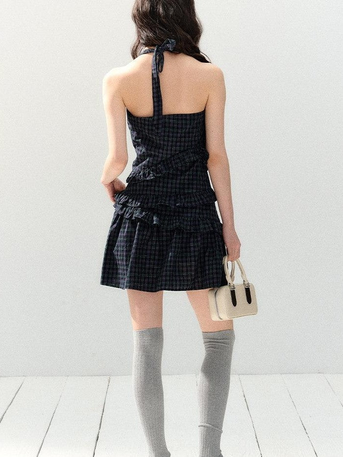 7Shiftin Navy Plaid Pleated Cinched Waist V-neck Women&