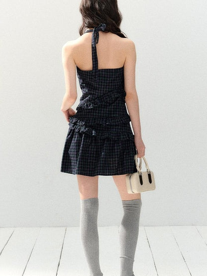 7Shiftin Navy Plaid Pleated Cinched Waist V-neck Women&