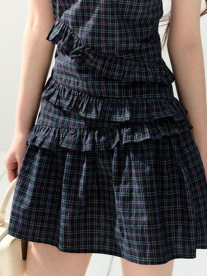 7Shiftin Navy Plaid Pleated Cinched Waist V-neck Women&