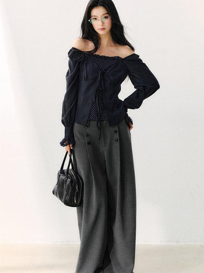 7Shiftin Navy Polka Dot Faux Two Piece Square Neck Knit Women&
