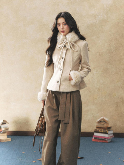 7Shiftin Oatmeal Removable Fur Collar Bow Scarf Women&