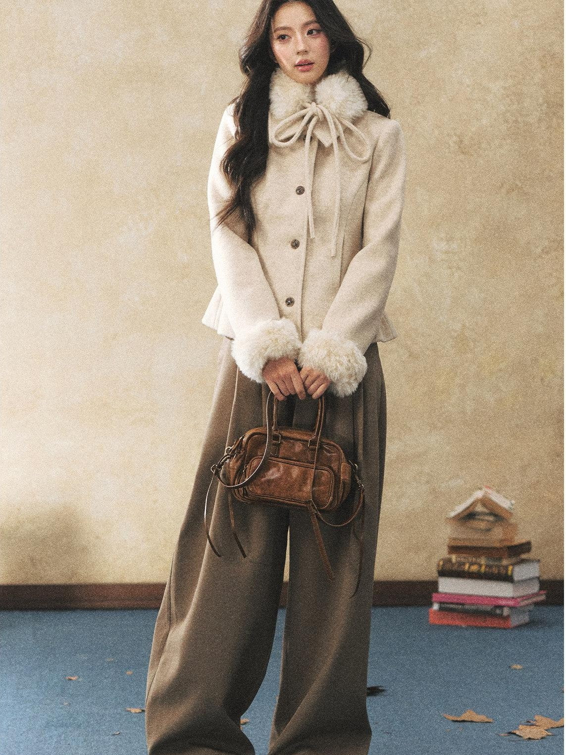 7Shiftin Oatmeal Removable Fur Collar Bow Scarf Women&