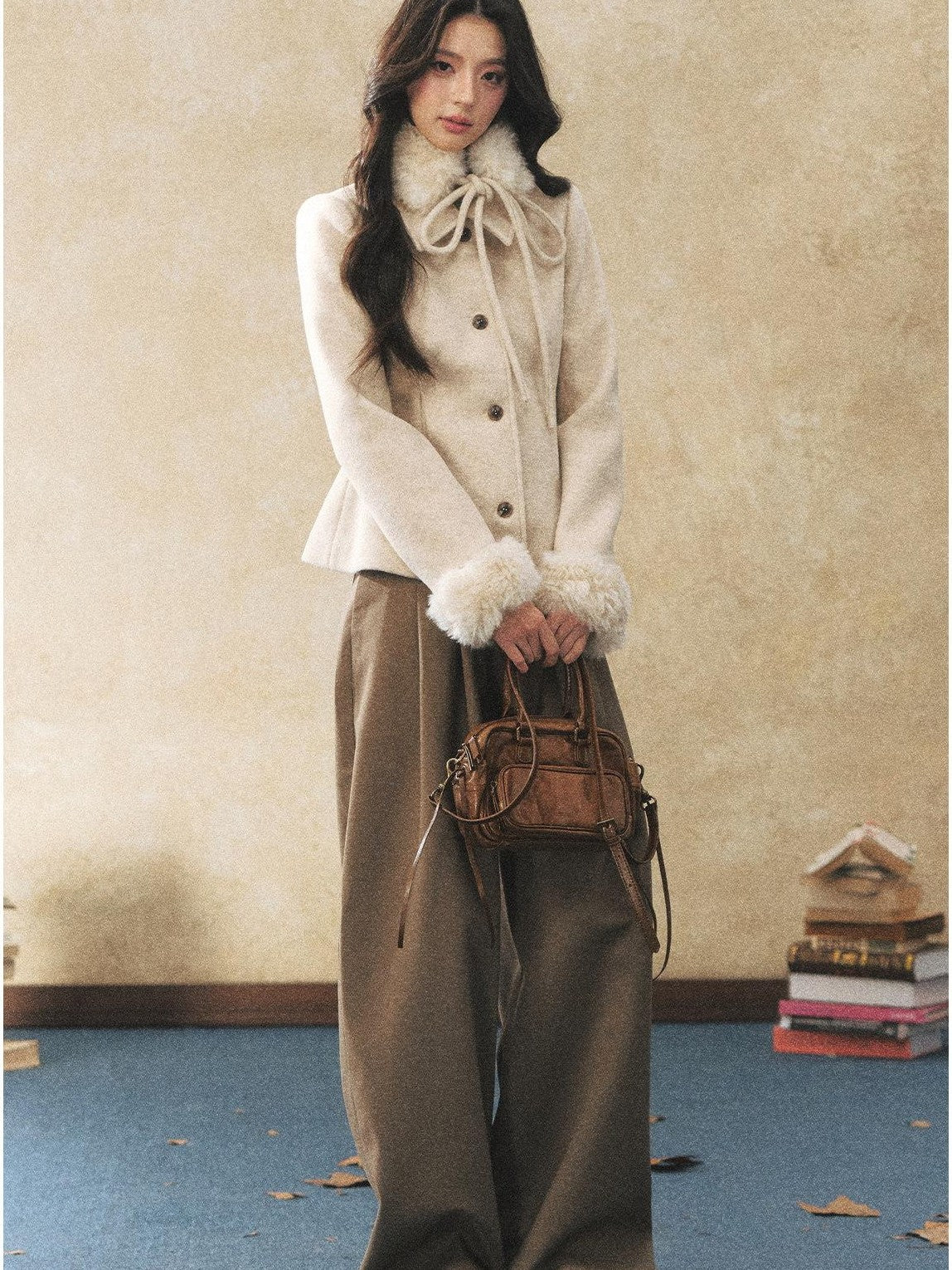 7Shiftin Oatmeal Removable Fur Collar Bow Scarf Women&