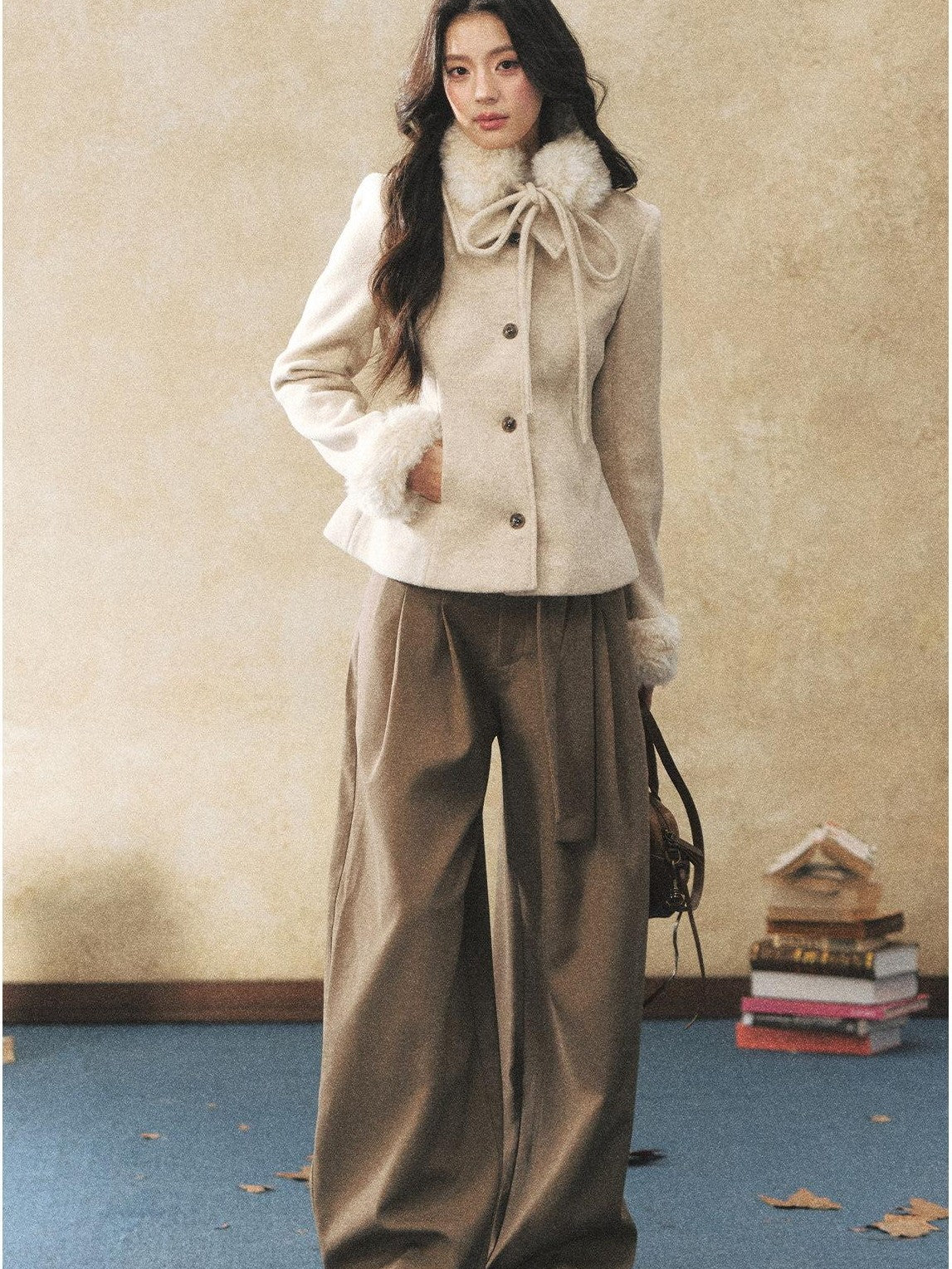 7Shiftin Oatmeal Removable Fur Collar Bow Scarf Women&