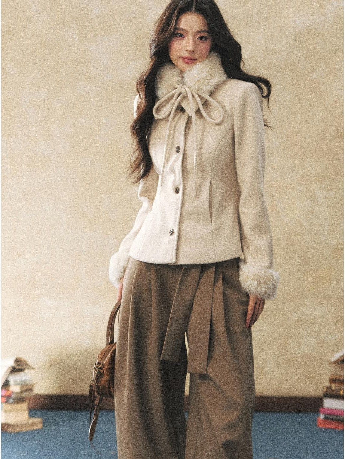 7Shiftin Oatmeal Removable Fur Collar Bow Scarf Women&