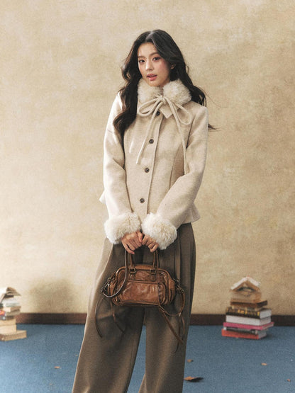 7Shiftin Oatmeal Removable Fur Collar Bow Scarf Women&