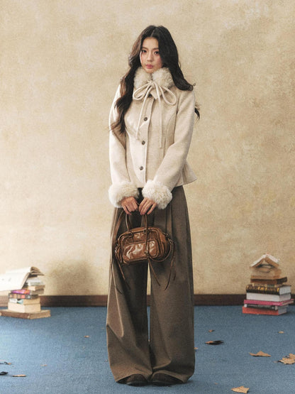 7Shiftin Oatmeal Removable Fur Collar Bow Scarf Women&