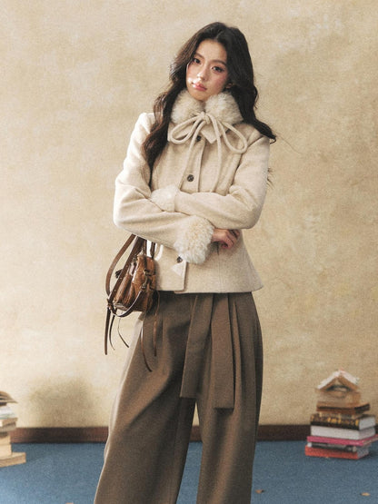 7Shiftin Oatmeal Removable Fur Collar Bow Scarf Women&