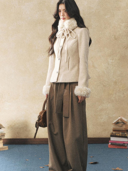 7Shiftin Oatmeal Removable Fur Collar Bow Scarf Women&