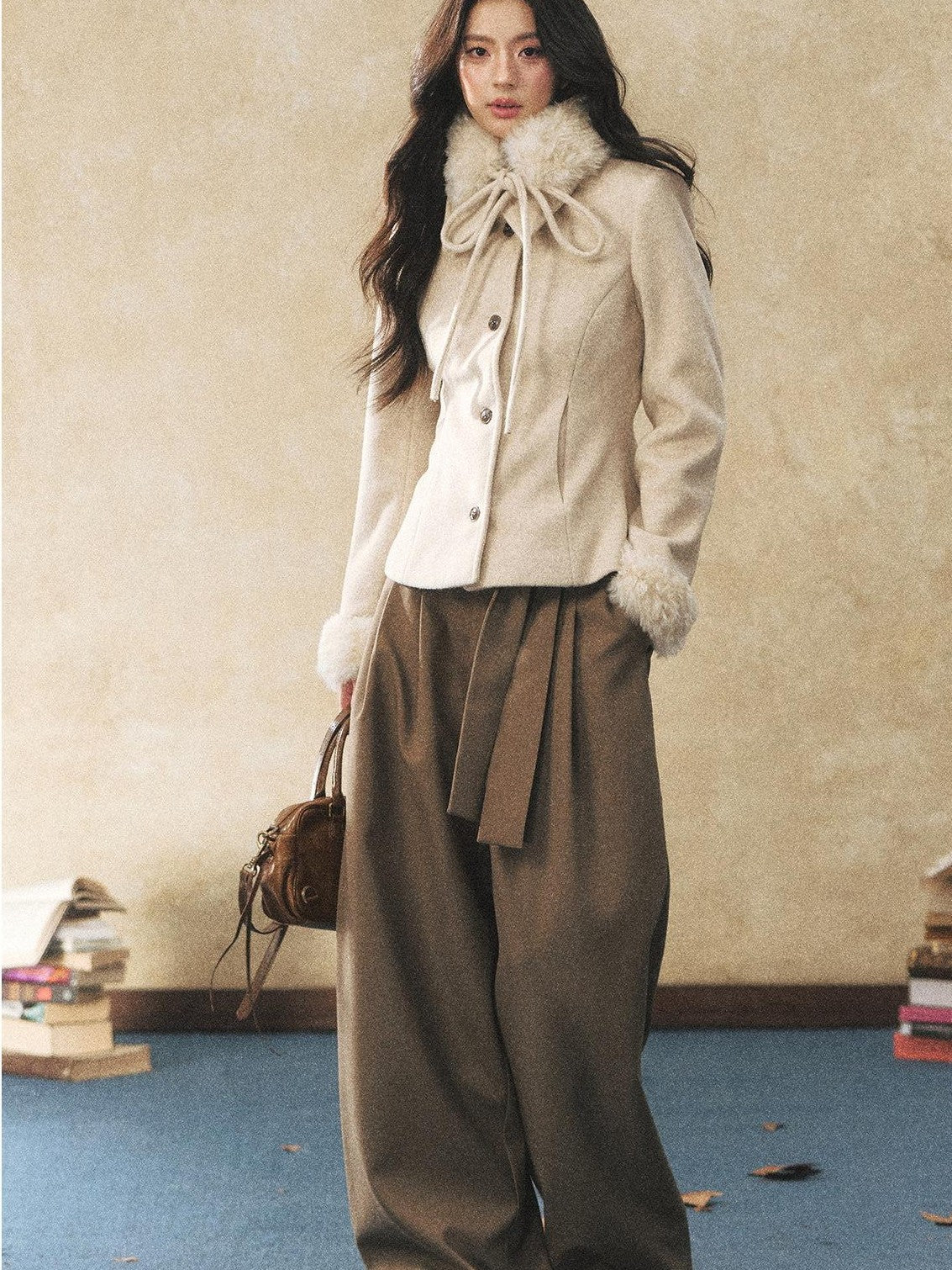 7Shiftin Oatmeal Removable Fur Collar Bow Scarf Women&
