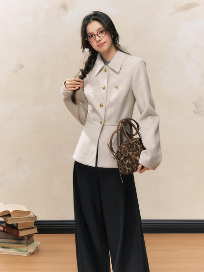 7Shiftin Oatmeal Slimming Waist Cinching Lapel Structured Shoulder Women&