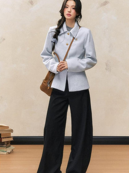 7Shiftin Oatmeal Slimming Waist Cinching Lapel Structured Shoulder Women&