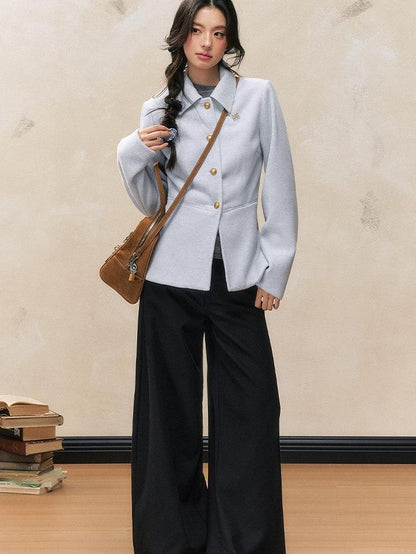 7Shiftin Oatmeal Slimming Waist Cinching Lapel Structured Shoulder Women&