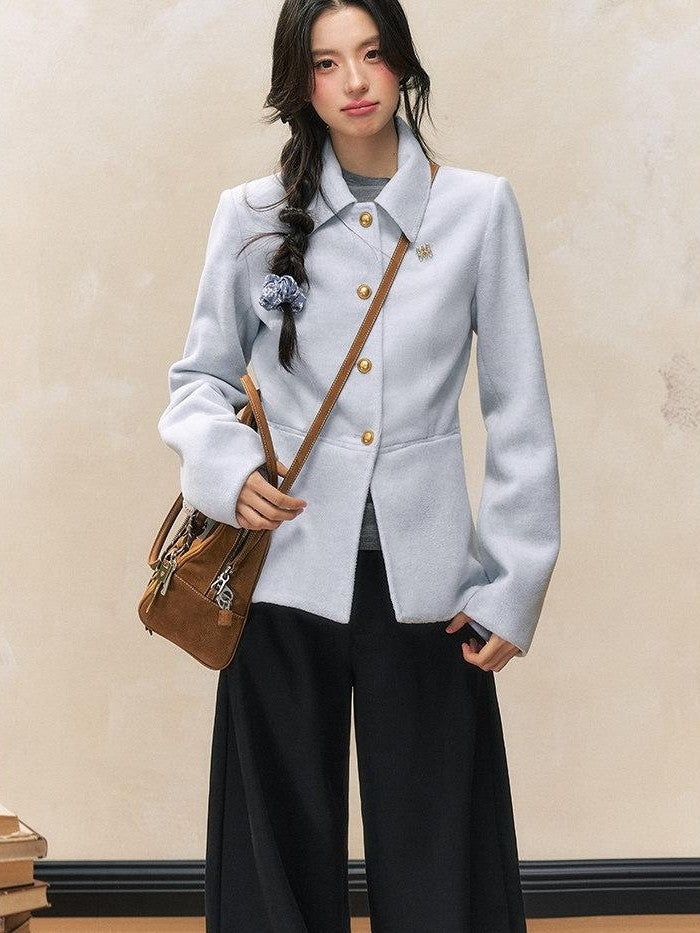 7Shiftin Oatmeal Slimming Waist Cinching Lapel Structured Shoulder Women&