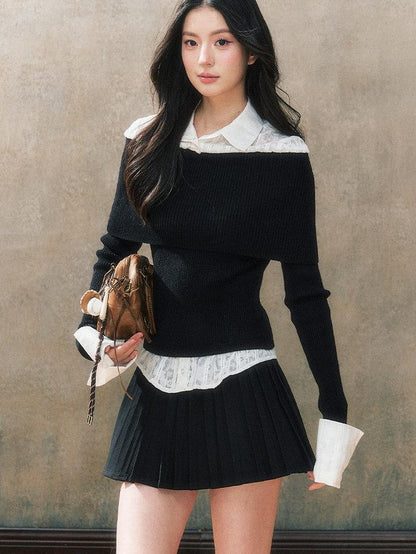 7Shiftin Off Shoulder Faux Two Piece Spliced Slim Short Women&