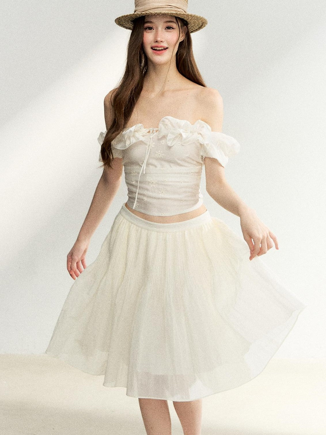 7Shiftin Off Shoulder Ruffled Puff Sleeve French Women&