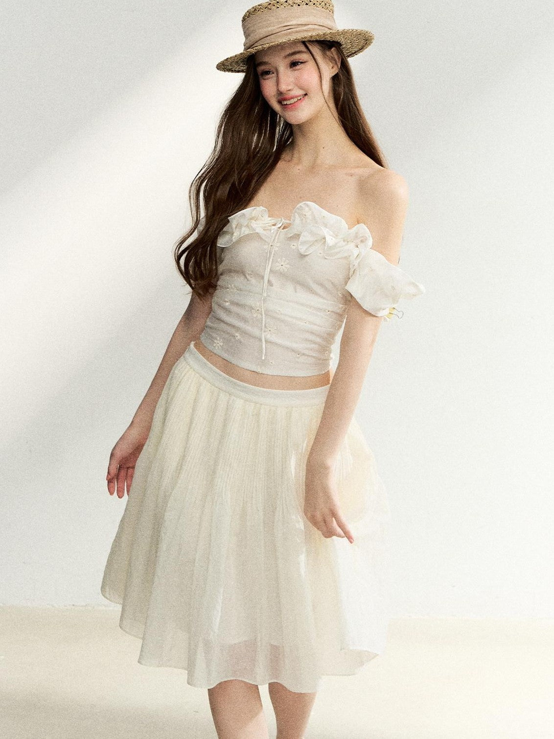 7Shiftin Off Shoulder Ruffled Puff Sleeve French Women&