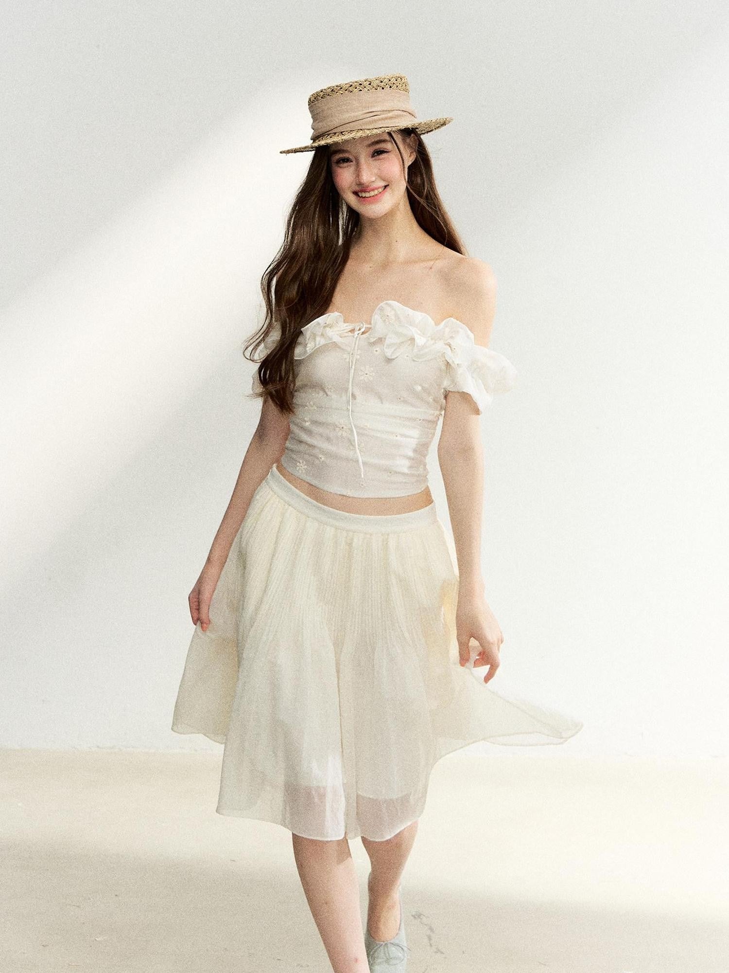 7Shiftin Off Shoulder Ruffled Puff Sleeve French Women&