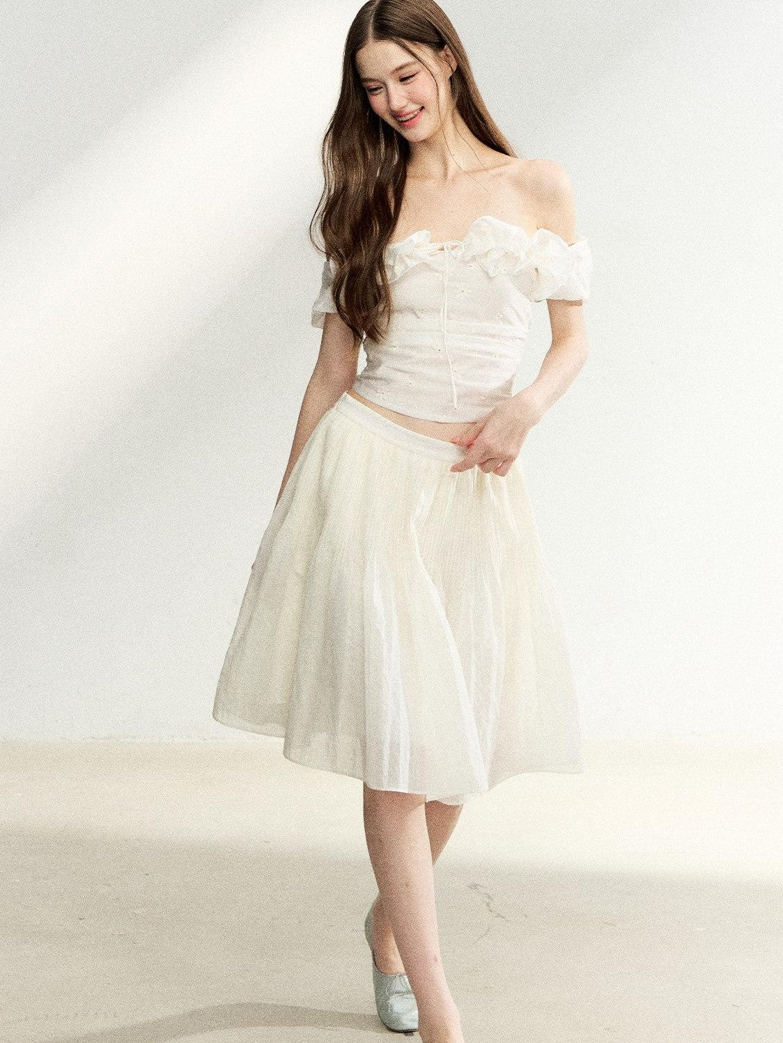 7Shiftin Off Shoulder Ruffled Puff Sleeve French Women&