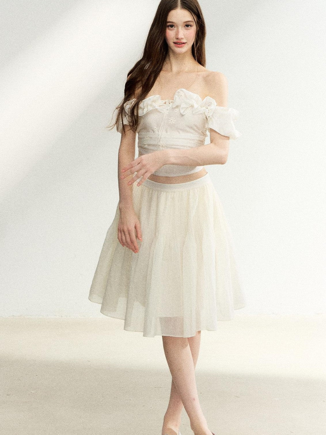 7Shiftin Off Shoulder Ruffled Puff Sleeve French Women&