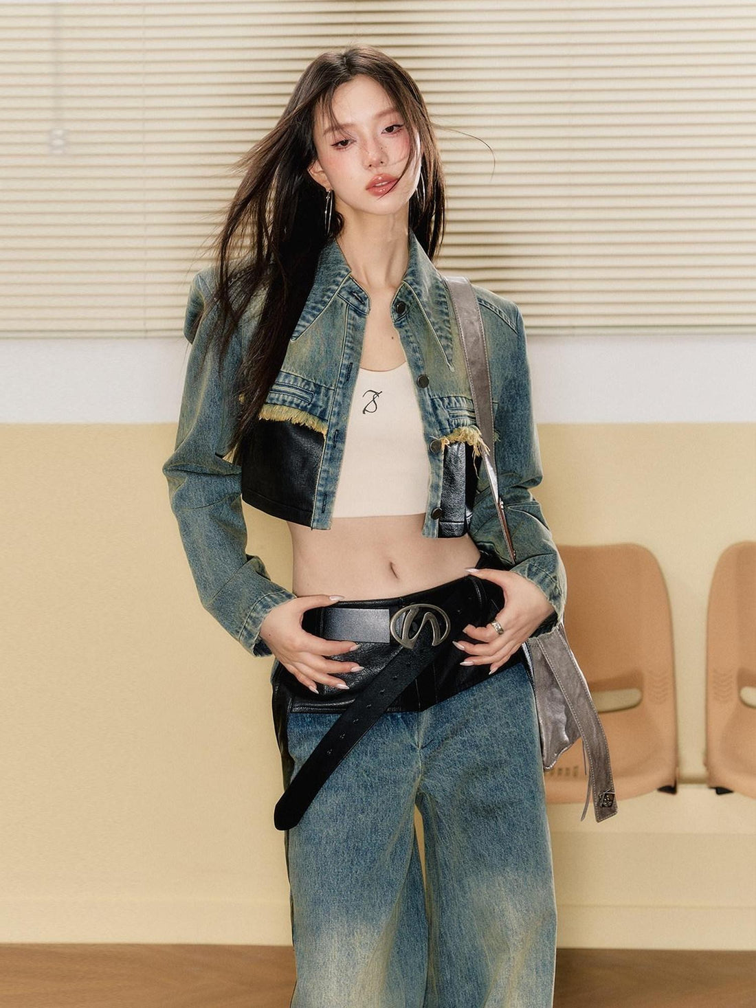 7Shiftin Patchwork Cropped Jacket Wide Leg Pants Women&