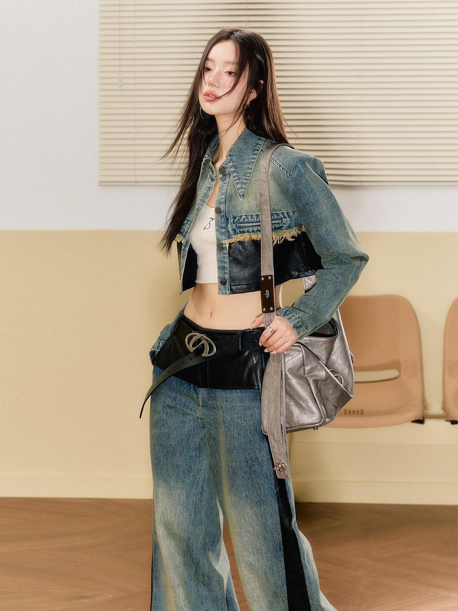 7Shiftin Patchwork Cropped Jacket Wide Leg Pants Women&