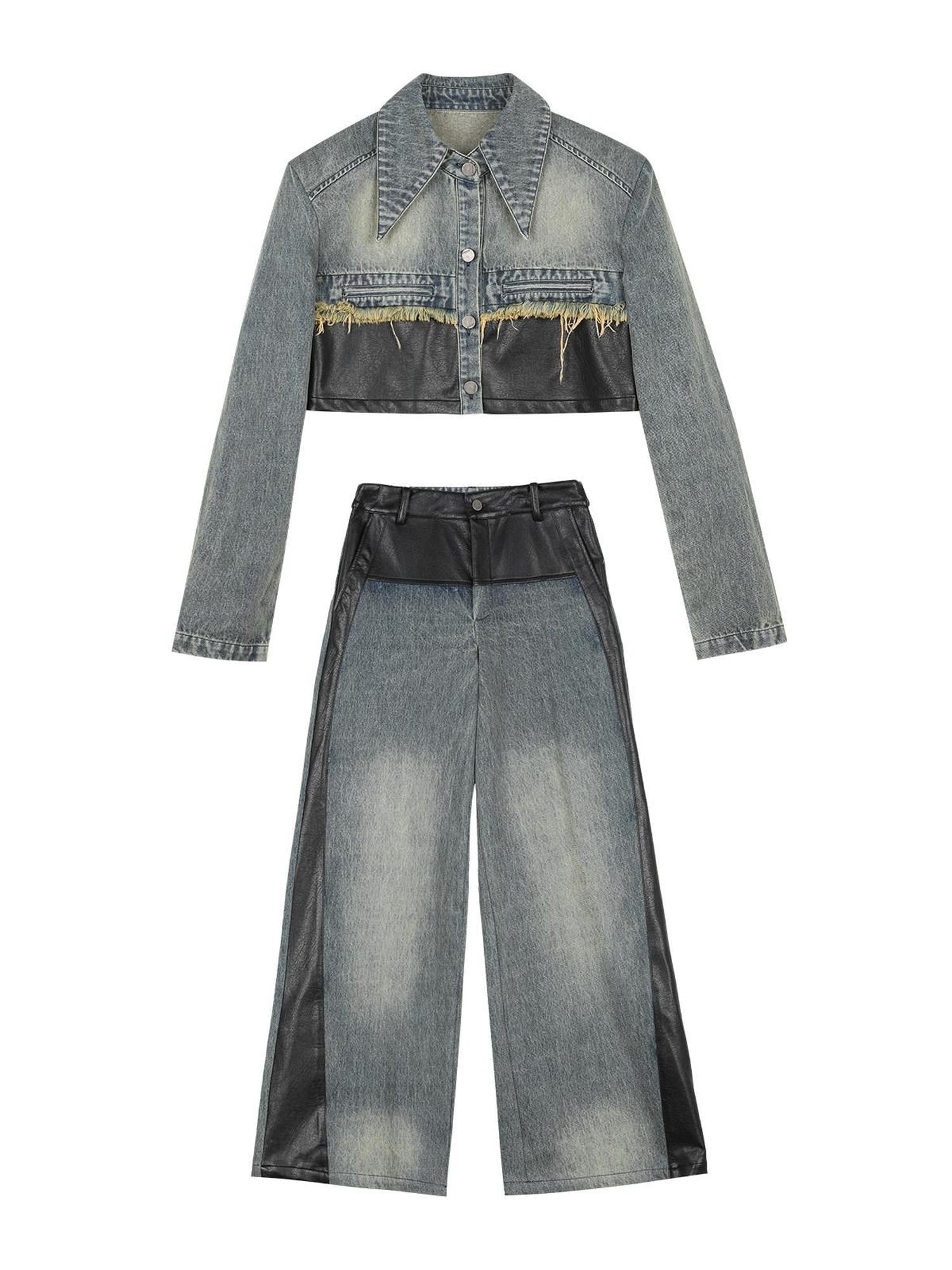 7Shiftin Patchwork Cropped Jacket Wide Leg Pants Women&