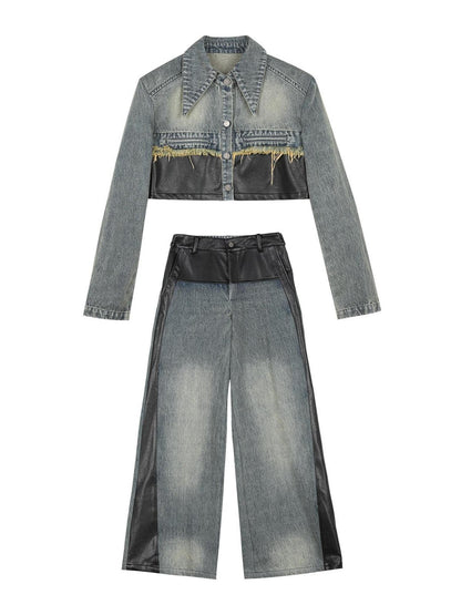 7Shiftin Patchwork Cropped Jacket Wide Leg Pants Women&