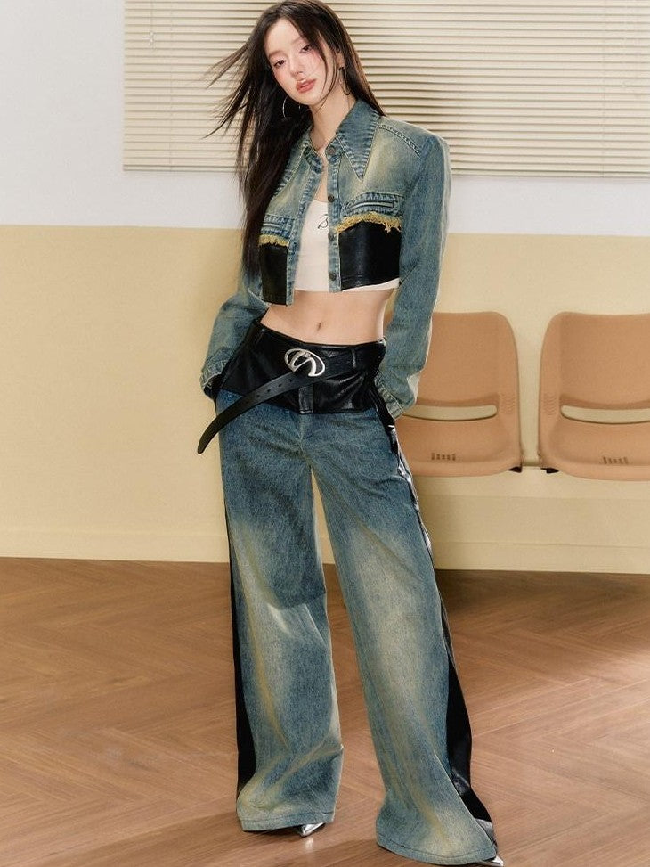 7Shiftin Patchwork Cropped Jacket Wide Leg Pants Women&