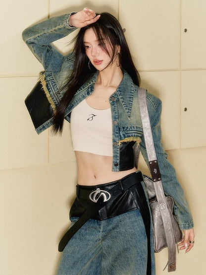 7Shiftin Patchwork Cropped Jacket Wide Leg Pants Women&
