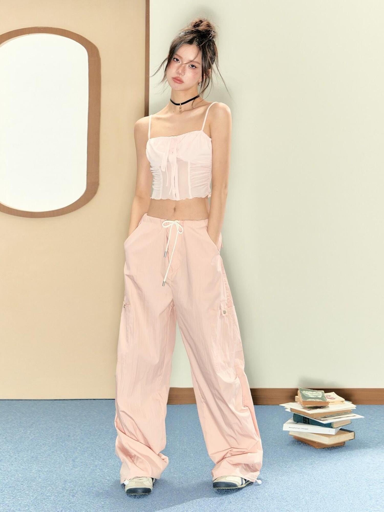 7Shiftin Pink Cami Bandeau Loose Drawstring Pants Women&