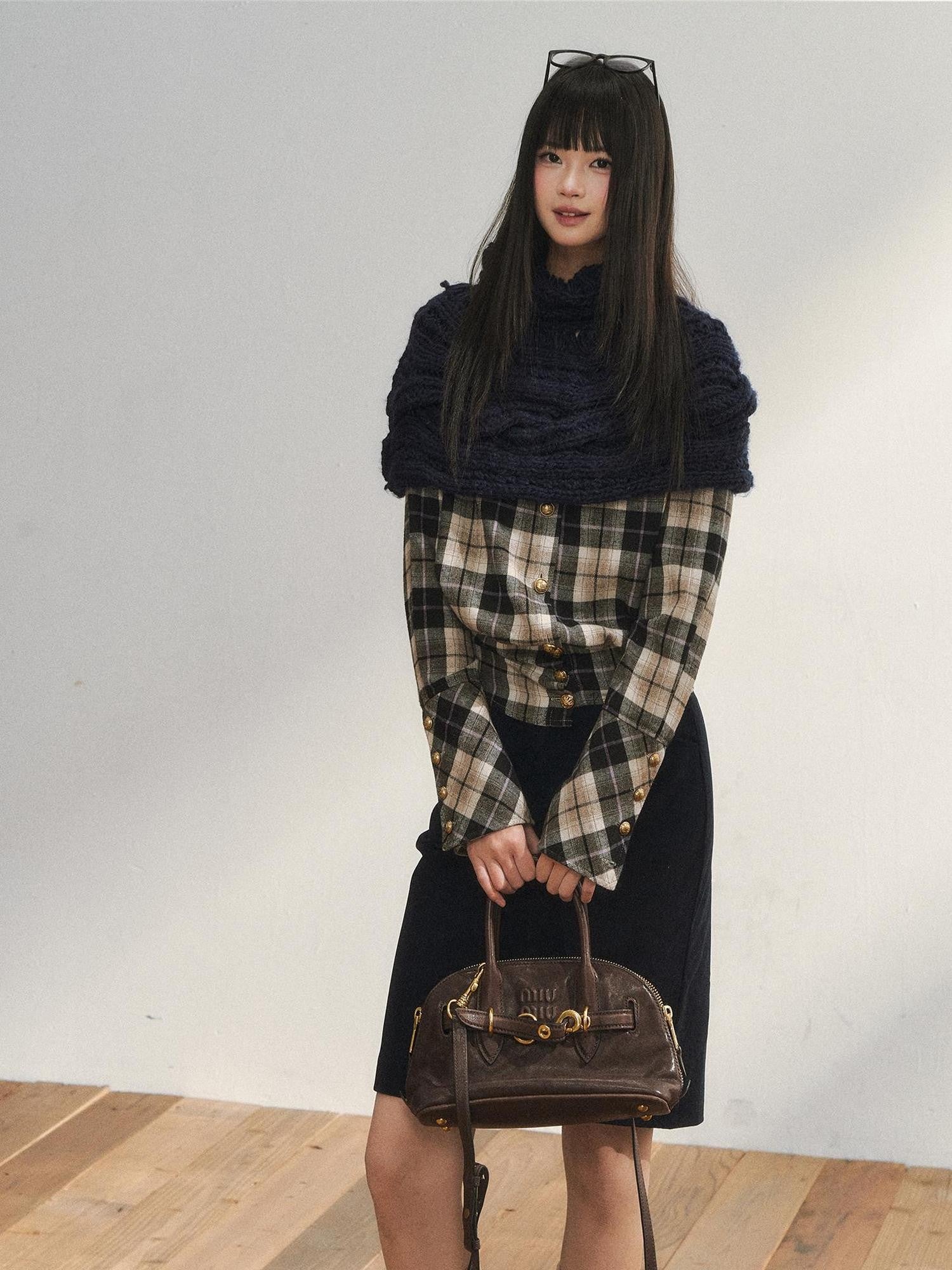 7Shiftin Plaid Colorblock Waist Cinch Dropped Shoulder Long Sleeve Women&
